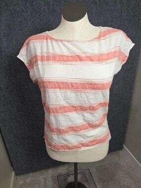 Striped Coral & White Cotton Short Sleeve Top Size M Made In India